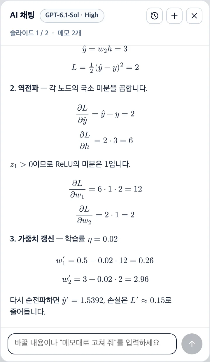 The AI chat answering a request to summarize the slide's calculation: forward pass, backpropagation and the weight update, each formula typeset.